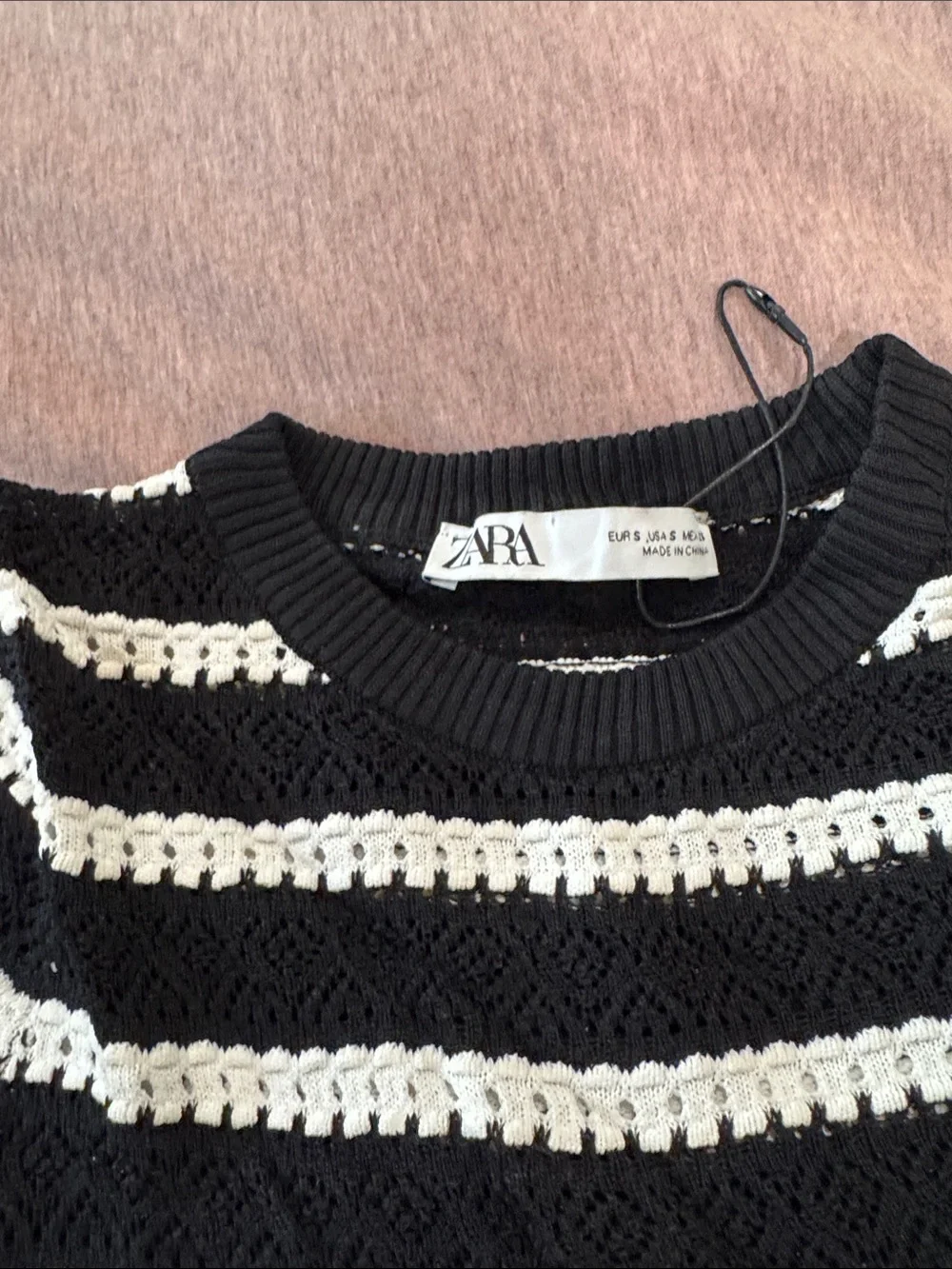 Zara Black & White Striped Crochet Sweater